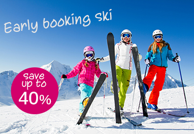 Skiing, winter - happy skiers on mountainside